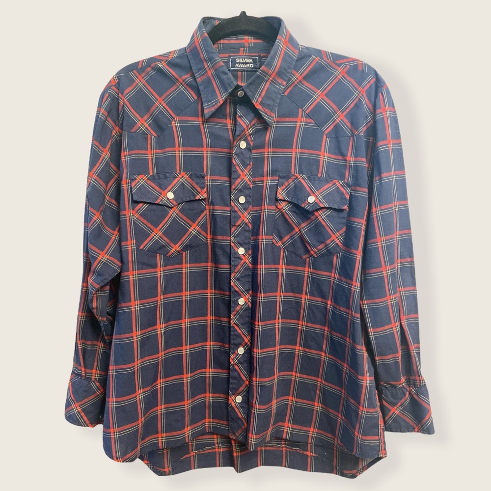 Vintage Silver Award Men’s plaid button down Western wear shirt double pocket